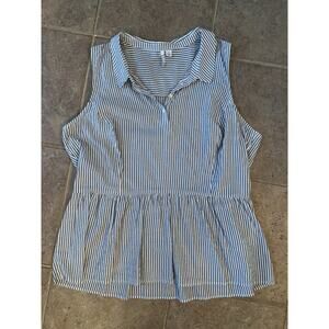 Elle XL Sheer Blue White Stripe Collar Pullover Tank Top Gold Thread Zip Side